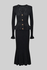 Women's fitted outfit with cardigan and midi skirt