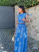 Women's sleeveless embroidered set with flowing skirt