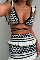 Women's long skirt set with black and white geometric patterns