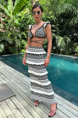 Women's long skirt set with black and white geometric patterns