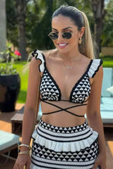 Women's long skirt set with black and white geometric patterns