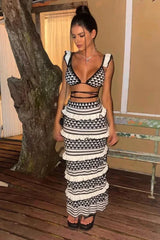 Women's long skirt set with black and white geometric patterns