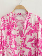 Short Floral Dress with Adjustable Waist and Wide Sleeves