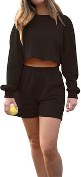 Women's Two-Piece Sports Outfit: Long-Sleeved Sweater and Solid-Color Shorts