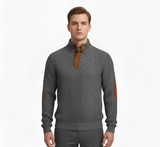 Men’s Quilted Half Button Knit Sweater with Stand Collar