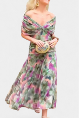 Elegant Off-Shoulder Floral Midi Dress - Lightweight Flowy Summer Party Dress