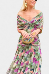 Elegant Off-Shoulder Floral Midi Dress - Lightweight Flowy Summer Party Dress