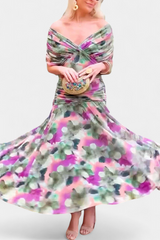 Elegant Off-Shoulder Floral Midi Dress - Lightweight Flowy Summer Party Dress