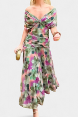 Elegant Off-Shoulder Floral Midi Dress - Lightweight Flowy Summer Party Dress