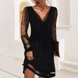 Evening Dress with Mesh Sleeves and Asymmetrical Hem