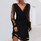Evening Dress with Mesh Sleeves and Asymmetrical Hem