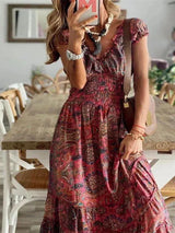 Women's long bohemian dress with ruffles and V-neck