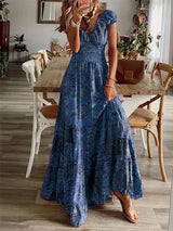 Women's long bohemian dress with ruffles and V-neck