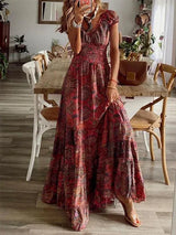 Women's long bohemian dress with ruffles and V-neck