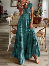 Women's long bohemian dress with ruffles and V-neck