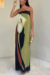 Women's strapless maxi dress with flowing abstract patterns