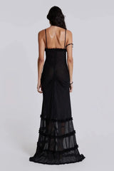 Women's long V-neck dress with draped details