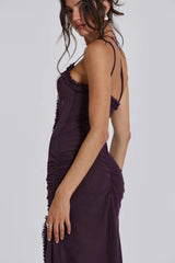 Women's long V-neck dress with draped details