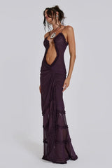 Women's long V-neck dress with draped details