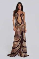Women's long V-neck dress with draped details