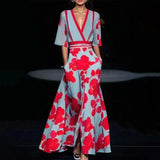 Women's long V-neck floral print dress with belt