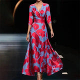 Women's long V-neck floral print dress with belt