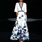 Women's long V-neck floral print dress with belt
