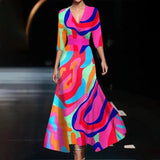 Women's long V-neck floral print dress with belt