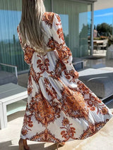 Women's long printed dress with high slit and V-neck