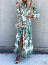 Women's long printed dress with high slit and V-neck