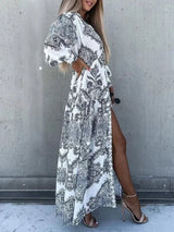 Women's long printed dress with high slit and V-neck