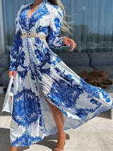 Women's long printed dress with high slit and V-neck
