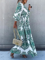 Women's long printed dress with high slit and V-neck
