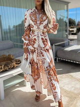 Women's long printed dress with high slit and V-neck