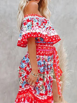 Women's long off-the-shoulder dress with floral patterns