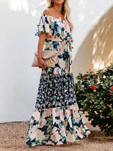 Women's long off-the-shoulder dress with floral patterns