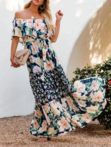 Women's long off-the-shoulder dress with floral patterns