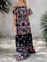 Women's long off-the-shoulder dress with floral patterns