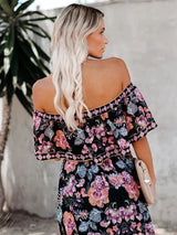 Women's long off-the-shoulder dress with floral patterns