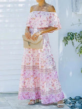Women's long off-the-shoulder dress with floral patterns