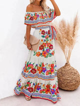 Women's long off-the-shoulder dress with floral patterns