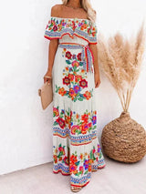 Women's long off-the-shoulder dress with floral patterns