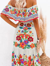 Women's long off-the-shoulder dress with floral patterns