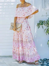 Women's long off-the-shoulder dress with floral patterns