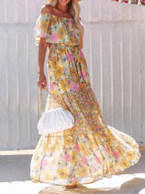 Women's long off-the-shoulder dress with floral patterns