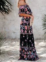 Women's long off-the-shoulder dress with floral patterns