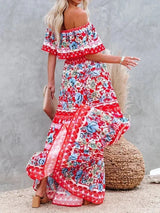 Women's long off-the-shoulder dress with floral patterns