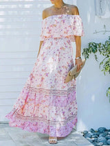 Women's long off-the-shoulder dress with floral patterns