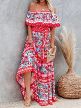 Women's long off-the-shoulder dress with floral patterns
