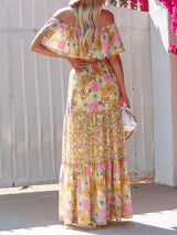 Women's long off-the-shoulder dress with floral patterns